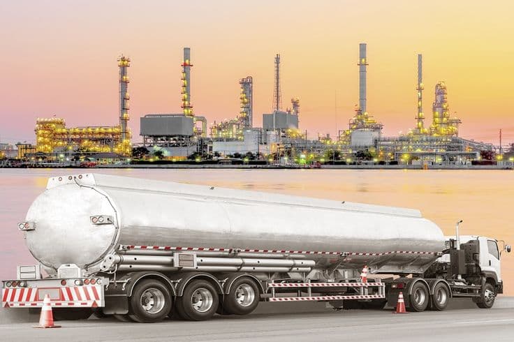Fuel tanker truck at a petroleum refinery