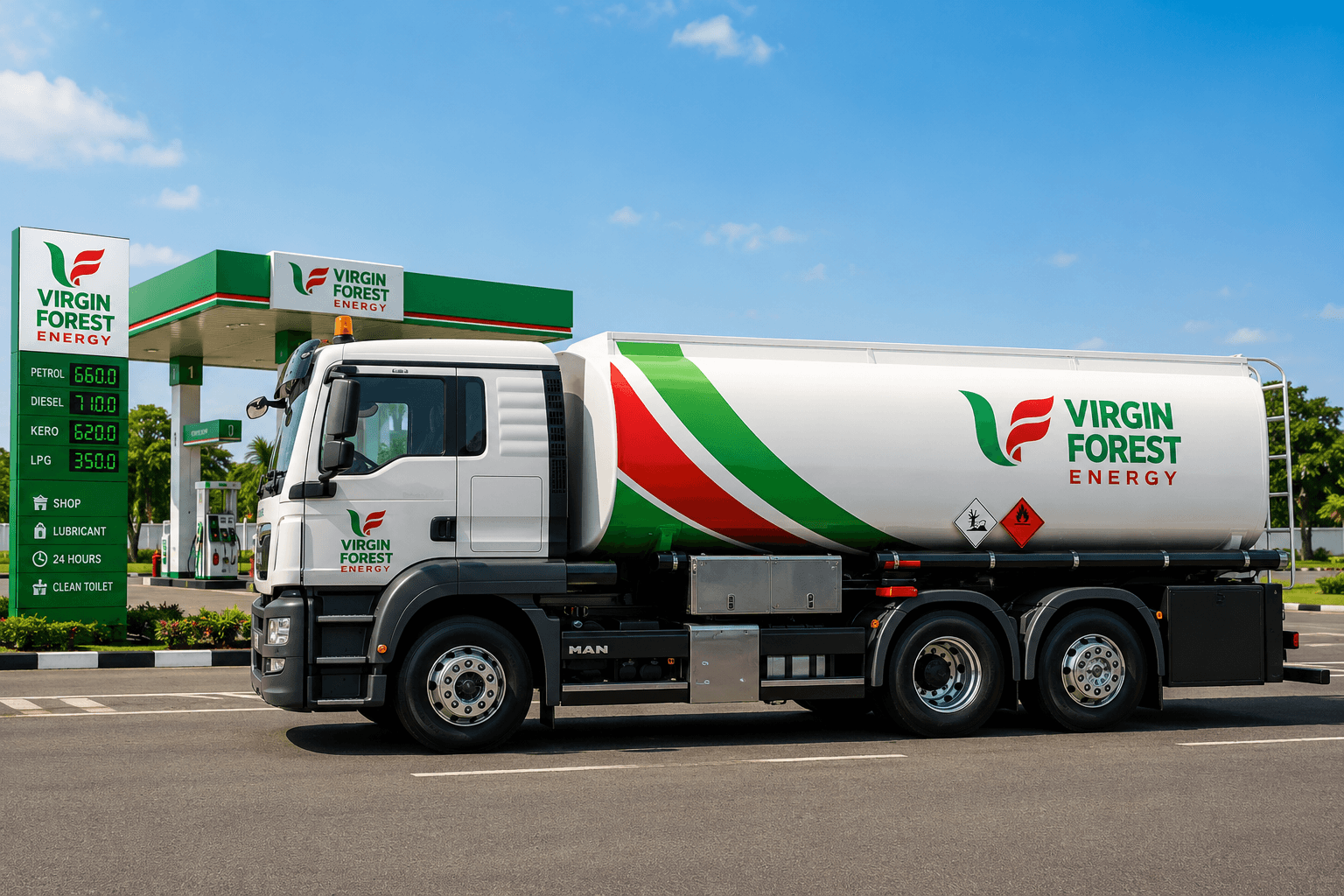 Virgin Forest Energy branded fuel tanker truck at a filling station