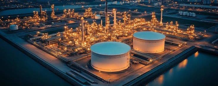 Virgin Forest Energy refinery and storage terminal at night
